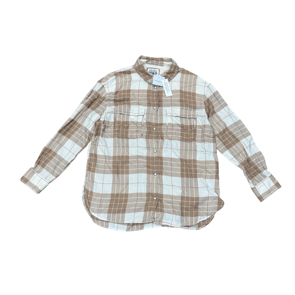 American Eagle Tan Brown Plaid Button Up Shirt Long Sleeve Women Medium M NWT - Picture 2 of 11
